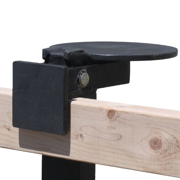 Steel shooting target mounted on wooden beam with pivoting bracket